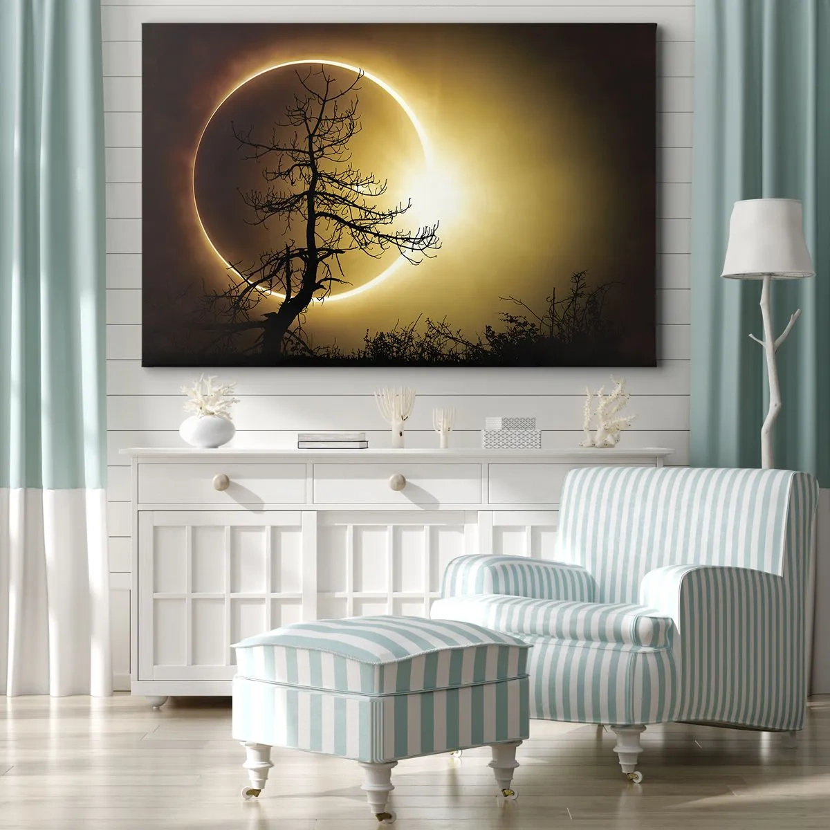 Impression sur toile - Image sur toile - Éclipse solaire avec une silhouette d'arbre au premier plan - 100x70cm - Éclipse totale - Décoration murale moderne pour le salon et la chambre ARTTOR