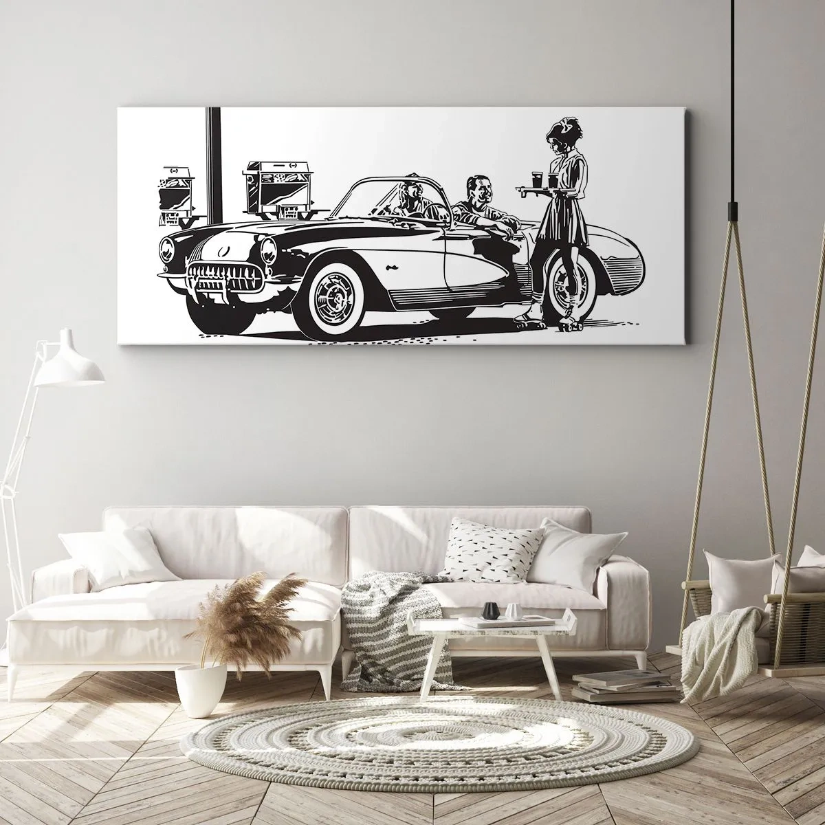Impression sur toile - Image sur toile - Une scène rétro en noir et blanc avec une voiture et une serveuse en patins à roulettes. - 120x50cm - 60's - Amérique insouciante - Décoration murale moderne pour le salon et la chambre ARTTOR