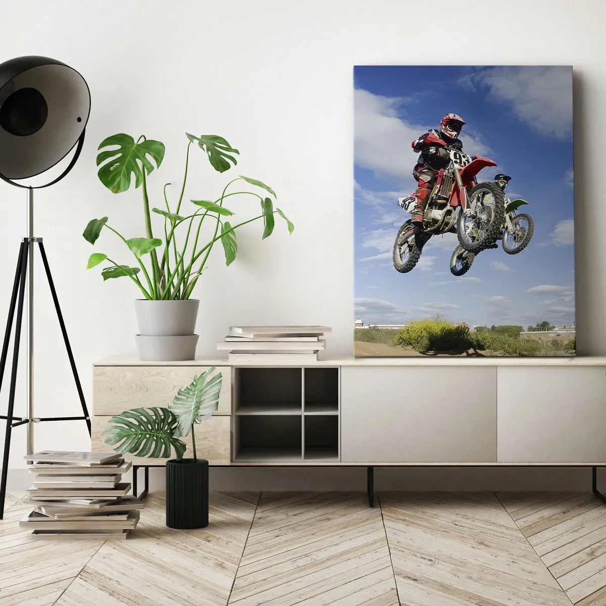 Impression sur toile - Image sur toile - Des pilotes de motocross dans les airs lors d'un saut - 50x70cm - Saut en parachute - Décoration murale moderne pour le salon et la chambre ARTTOR