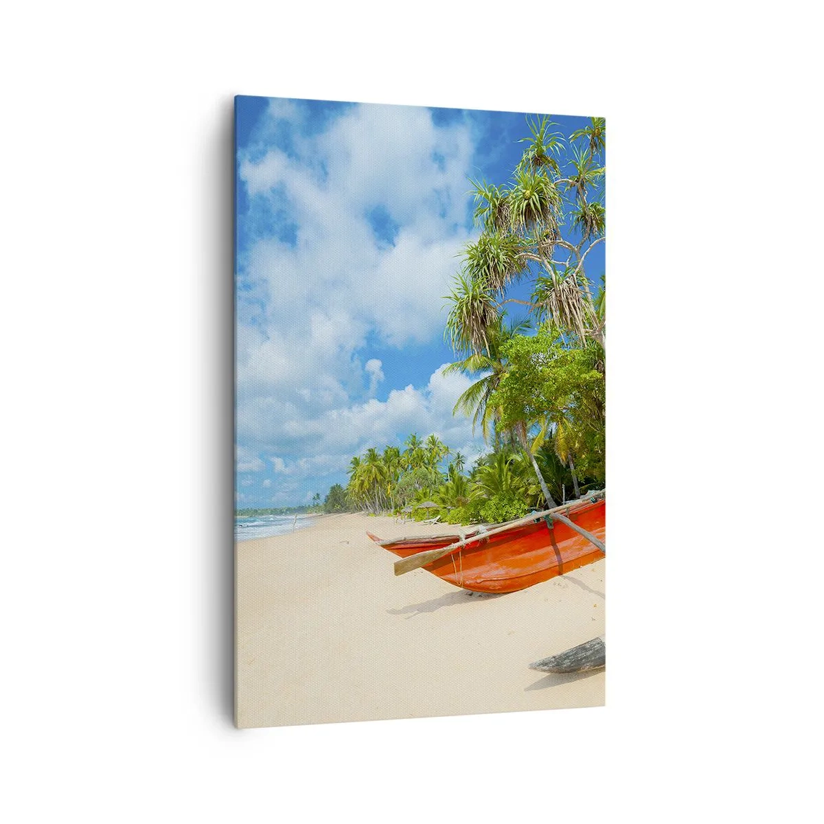 Impression sur toile - Image sur toile - Plage tropicale avec palmiers et bateaux colorés - 80x120cm - Le charme des tropiques - Décoration murale moderne pour le salon et la chambre ARTTOR