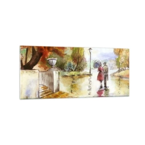 Impression sur verre - Image sur verre - Une promenade dans le parc d'automne avec un parapluie - 120x50cm - Automne romantique dans le parc - Décoration murale moderne pour le salon et la chambre ARTTOR
