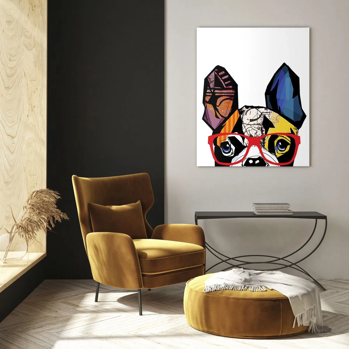 Impression sur verre - Image sur verre - Bouledogue dans une illustration colorée avec des lunettes rouges - 80x120cm - Intellectuel - Décoration murale moderne pour le salon et la chambre ARTTOR