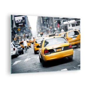 Impression sur verre - Image sur verre - Des taxis jaunes dans les rues de New York dans l'agitation de la ville - 70x50cm - Seulement dans cette ville - Décoration murale moderne pour le salon et la chambre ARTTOR