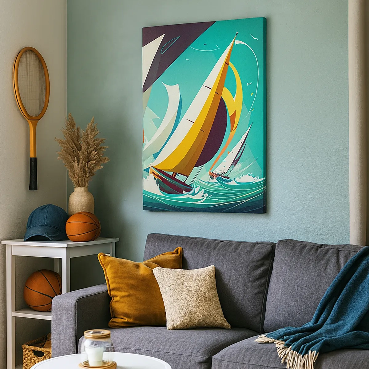 Impression sur toile - Image sur toile - Une illustration dynamique de voiliers dans une mer agitée. - 50x70cm - Bonne chance avec les éléments - Décoration murale moderne pour le salon et la chambre ARTTOR