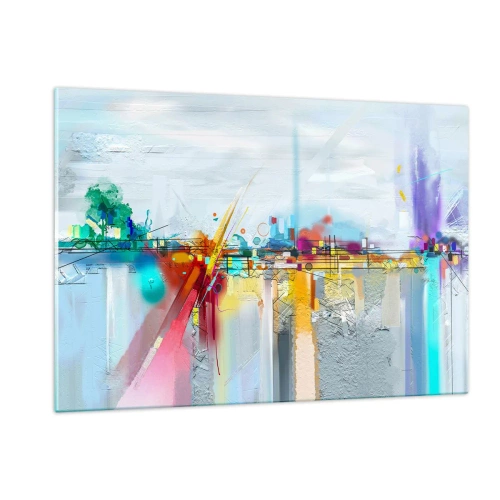 Impression sur verre - Image sur verre - Pont abstrait aux couleurs vives sur une rivière avec un fond pastel - 120x80cm - Pont de joie sur le fleuve de la vie - Décoration murale moderne pour le salon et la chambre ARTTOR