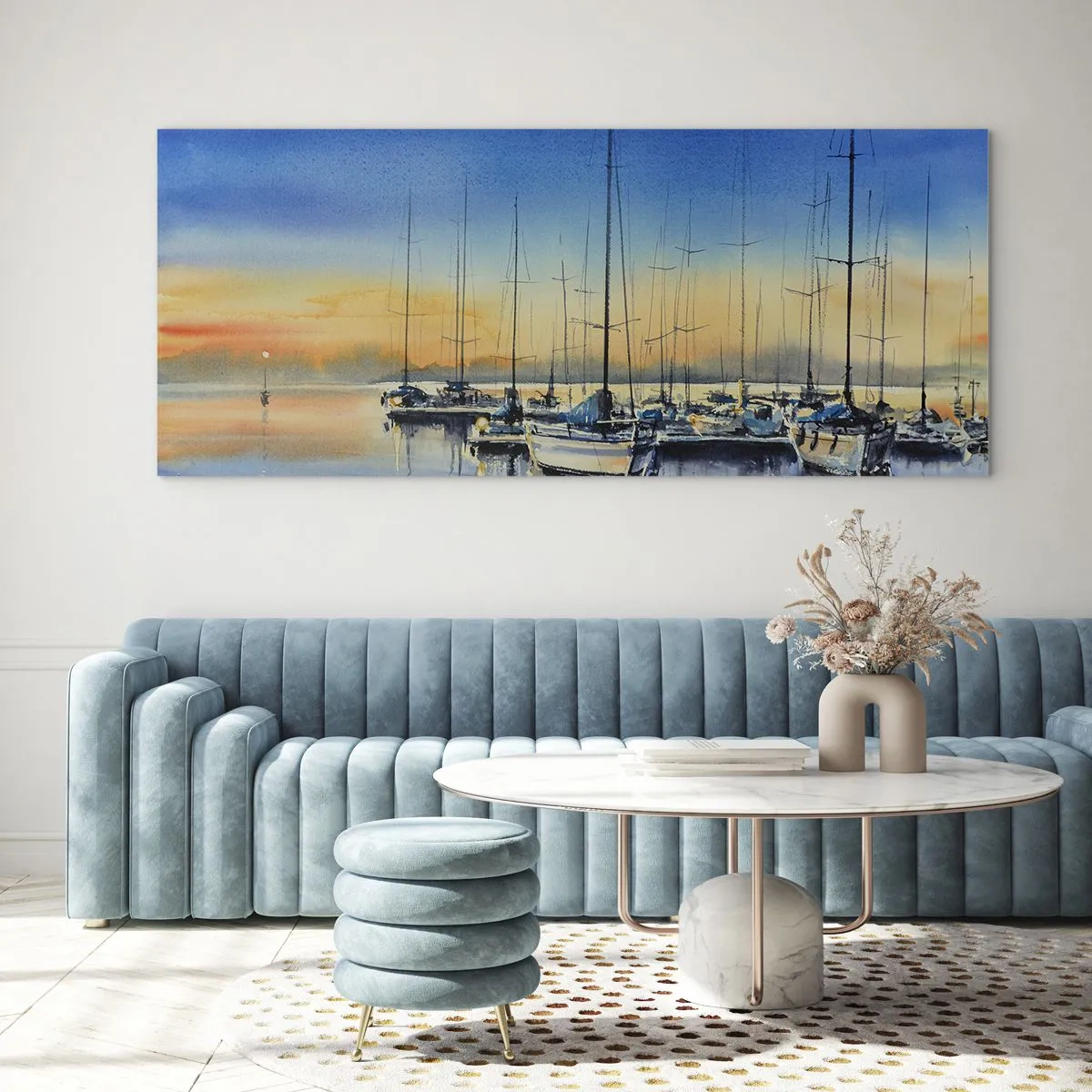 Impression sur verre - Image sur verre - Port de plaisance au coucher du soleil avec reflets sur l'eau - 120x50cm - Fin d'une belle journée - Décoration murale moderne pour le salon et la chambre ARTTOR