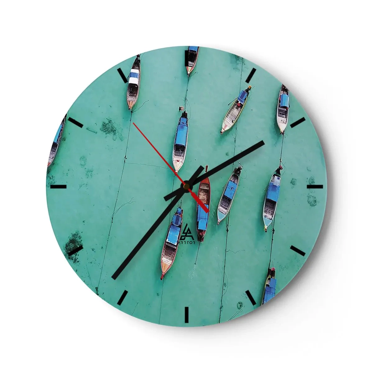 Horloge murale - Pendule murale - Vue aérienne de bateaux flottant sur l'eau turquoise - 30x30cm - Dans une attente jouyeuse - Décoration murale moderne pour le salon, la cuisine et la chambre ARTTOR