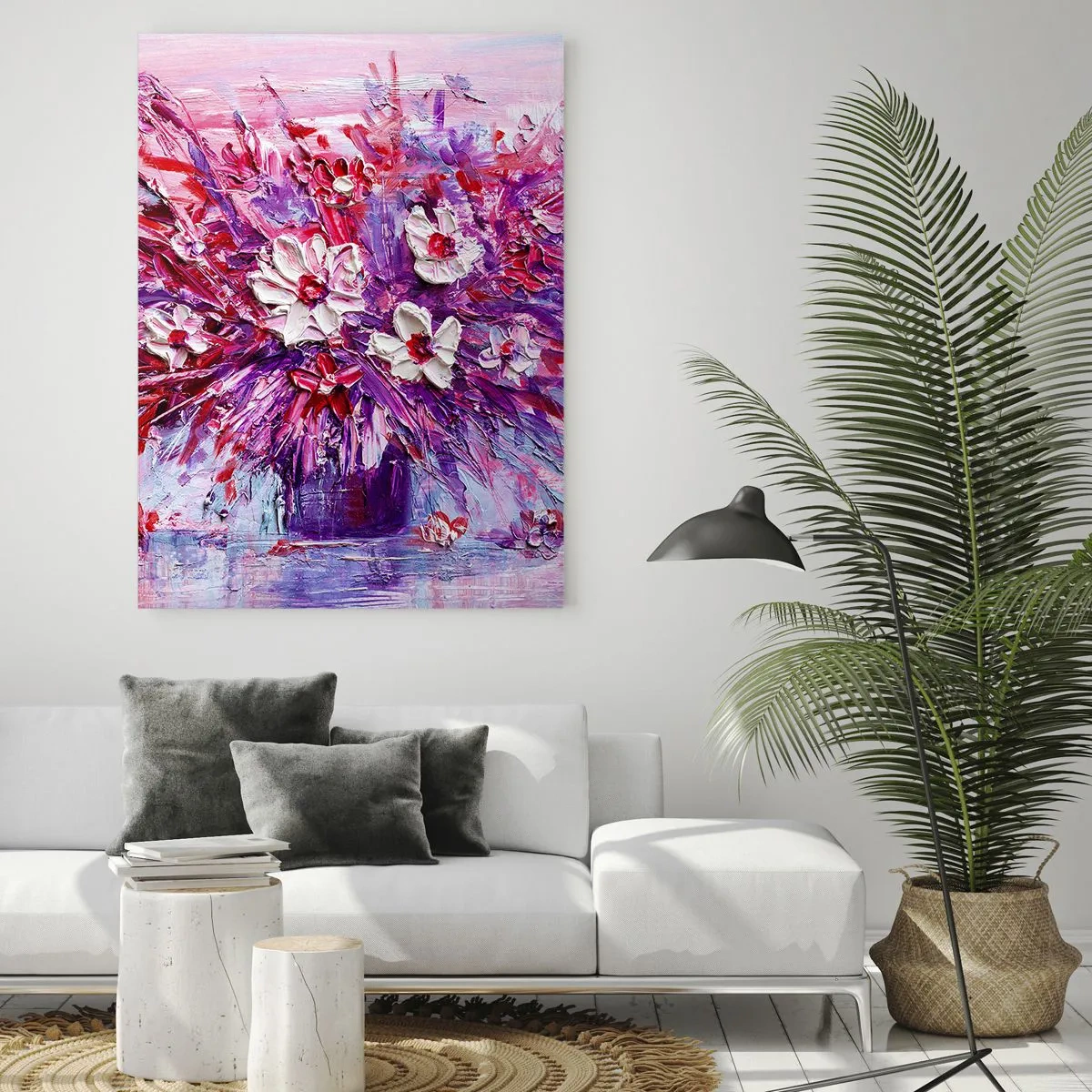 Impression sur verre - Image sur verre - Un bouquet de fleurs dans les tons de rose et de violet - 50x70cm - Innocence et passion - Décoration murale moderne pour le salon et la chambre ARTTOR