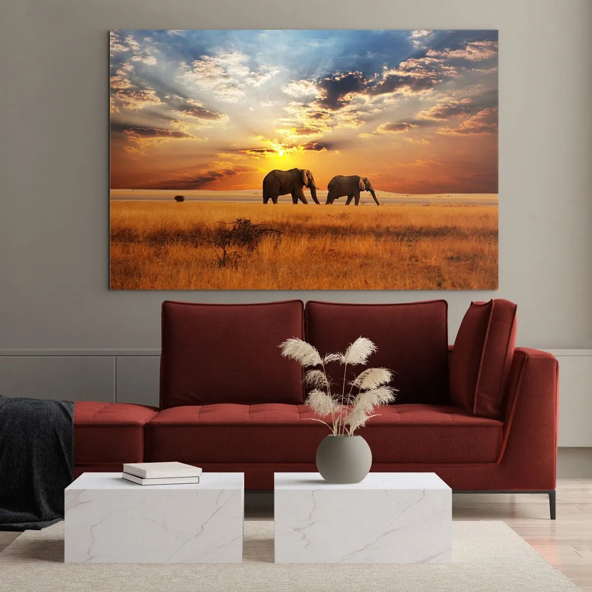 Impression sur verre - Image sur verre - Éléphants dans la savane africaine au coucher du soleil - 100x70cm - Déambulation familliale - Décoration murale moderne pour le salon et la chambre ARTTOR