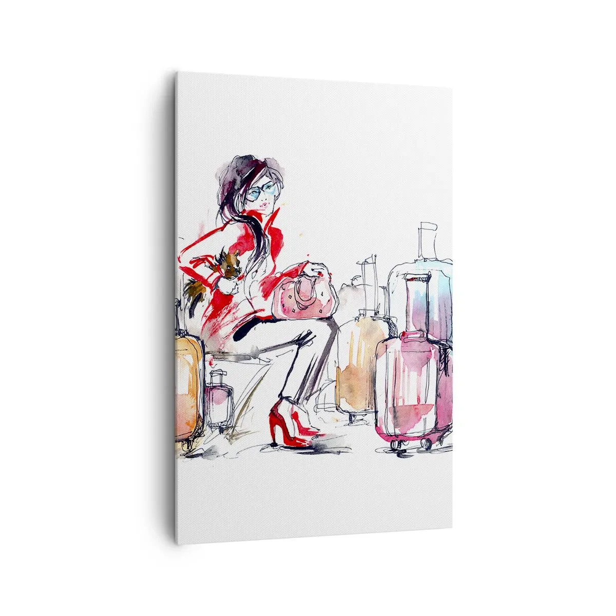 Impression sur toile - Image sur toile - Une femme avec des valises dans une illustration aquarelle dynamique - 80x120cm - Asseyons-nous avant le voyage - Décoration murale moderne pour le salon et la chambre ARTTOR