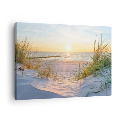 Impression sur toile - Image sur toile - Une plage de sable avec vue sur le coucher de soleil sur la mer - 70x50cm - Le bruit de la mer, le chant des oiseaux, une plage sauvage parmi les herbes…