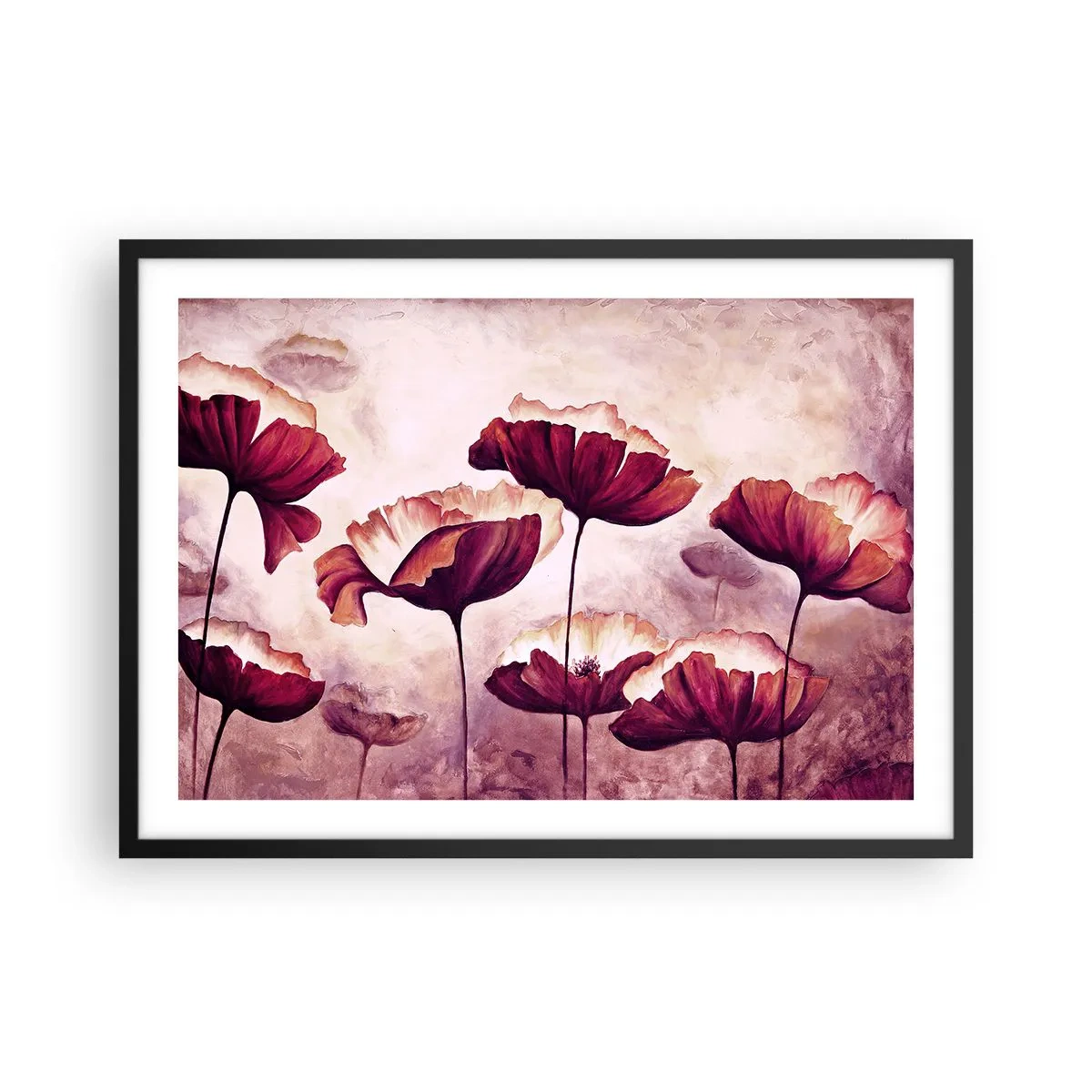 Affiche dans un cadre noir - Poster - Fleurs aux tons rouges et blancs sur un fond subtil - 70x50cm - Pétale rouge et blanc - Décoration murale moderne pour le salon et la chambre ARTTOR