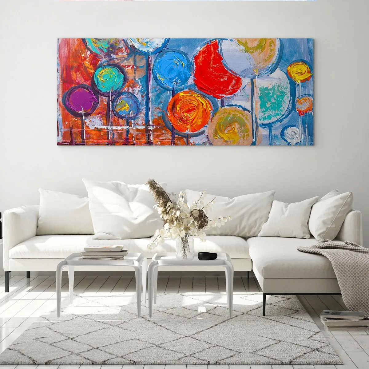 Impression sur verre - Image sur verre - Arbres abstraits colorés sur fond bleu - 120x50cm - Miracles sur le bâton - Décoration murale moderne pour le salon et la chambre ARTTOR