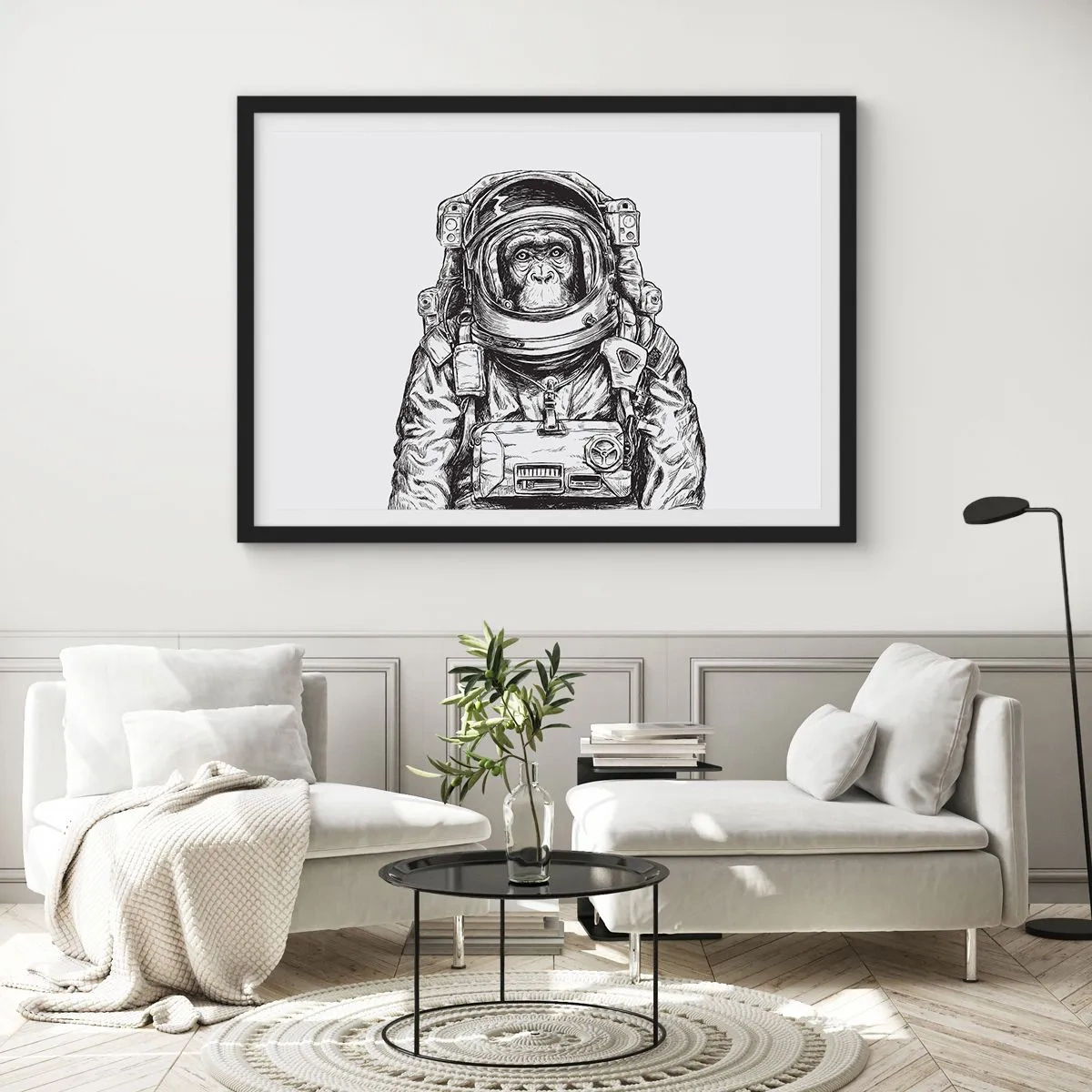 Affiche dans un cadre noir - Poster - Graphique d'un astronaute en combinaison spatiale avec une tête de singe - 70x50cm - Évolution alternative - Décoration murale moderne pour le salon et la chambre ARTTOR