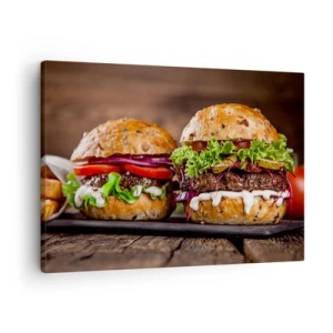 Impression sur toile - Image sur toile - Burgers appétissants avec légumes et sauce - 70x50cm - American dream - Décoration murale moderne pour le salon et la chambre ARTTOR
