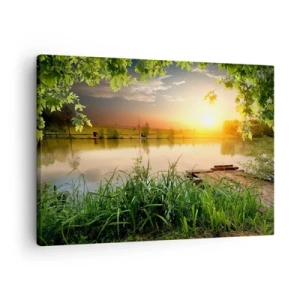 Impression sur toile - Image sur toile - Paysage verdoyant avec un lac au coucher du soleil - 70x50cm - Paysage dans un cadre verdoyant - Décoration murale moderne pour le salon et la chambre ARTTOR