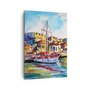 Impression sur toile - Image sur toile - Un port pittoresque avec un bateau et des bâtiments colorés - 70x100cm - Après-midi arc-en-ciel - Décoration murale moderne pour le salon et la chambre ARTTOR