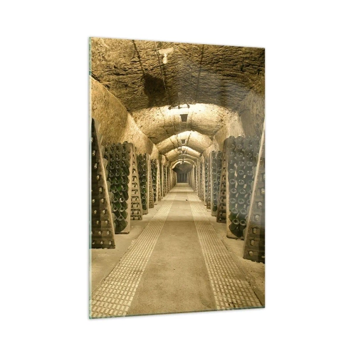 Impression sur verre - Image sur verre - Une cave avec des bouteilles de vin vieillissant en rangées - 50x70cm - L'éveil du goût - Décoration murale moderne pour le salon et la chambre ARTTOR