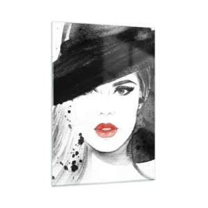 Impression sur verre - Image sur verre - Portrait d'une femme au chapeau noir et aux lèvres rouges - 50x70cm - Dame en noir - Décoration murale moderne pour le salon et la chambre ARTTOR