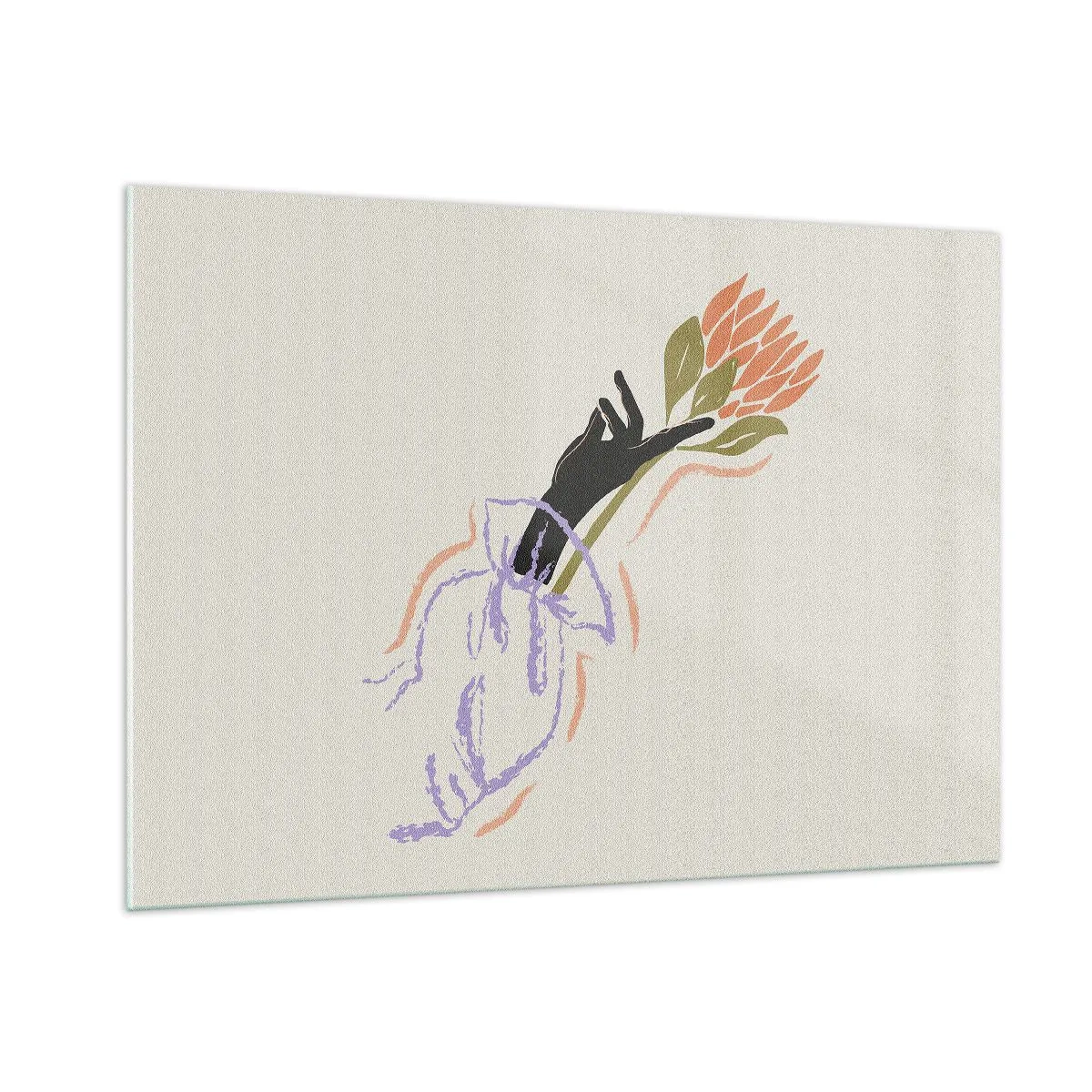 Impression sur verre - Image sur verre - Une main stylisée avec un bouquet de fleurs dessiné avec des lignes pastel. - 100x70cm - Touche fraternelle - Décoration murale moderne pour le salon et la chambre ARTTOR