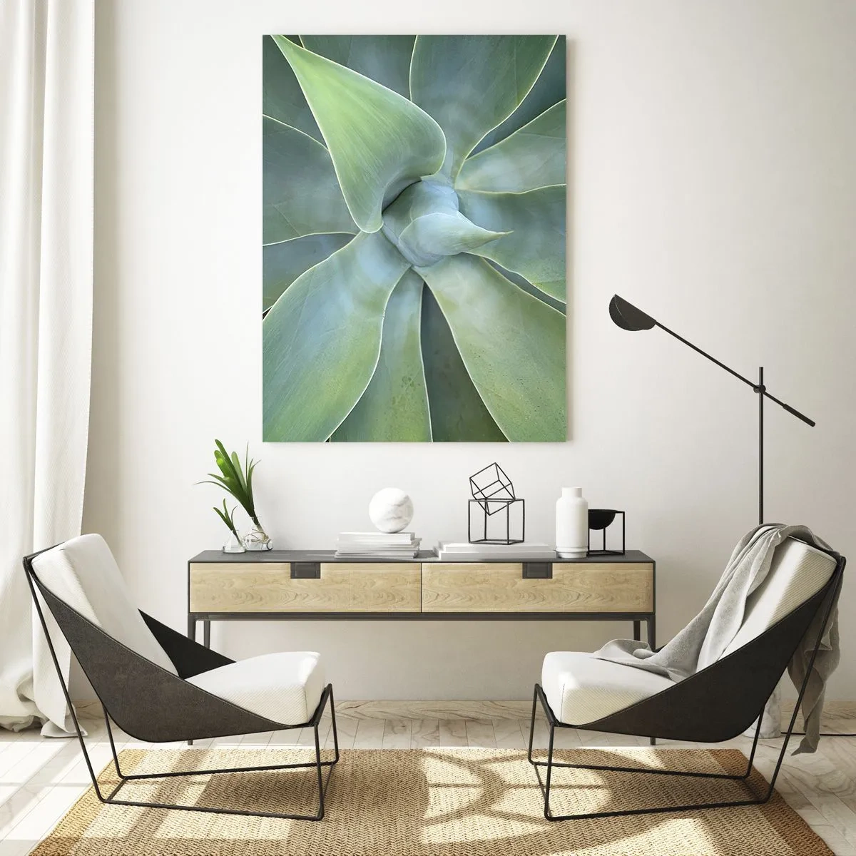 Impression sur verre - Image sur verre - Feuilles d'agave subtiles dans des tons verts - 80x120cm - La naissance de la verdure - Décoration murale moderne pour le salon et la chambre ARTTOR