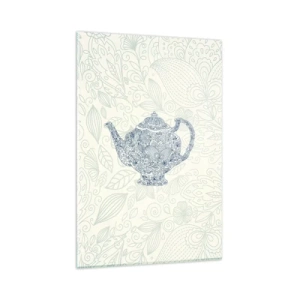 Impression sur verre - Image sur verre - Dessin décoratif d'une théière avec des ornements bleus - 80x120cm - Le charme du thé - Décoration murale moderne pour le salon et la chambre ARTTOR