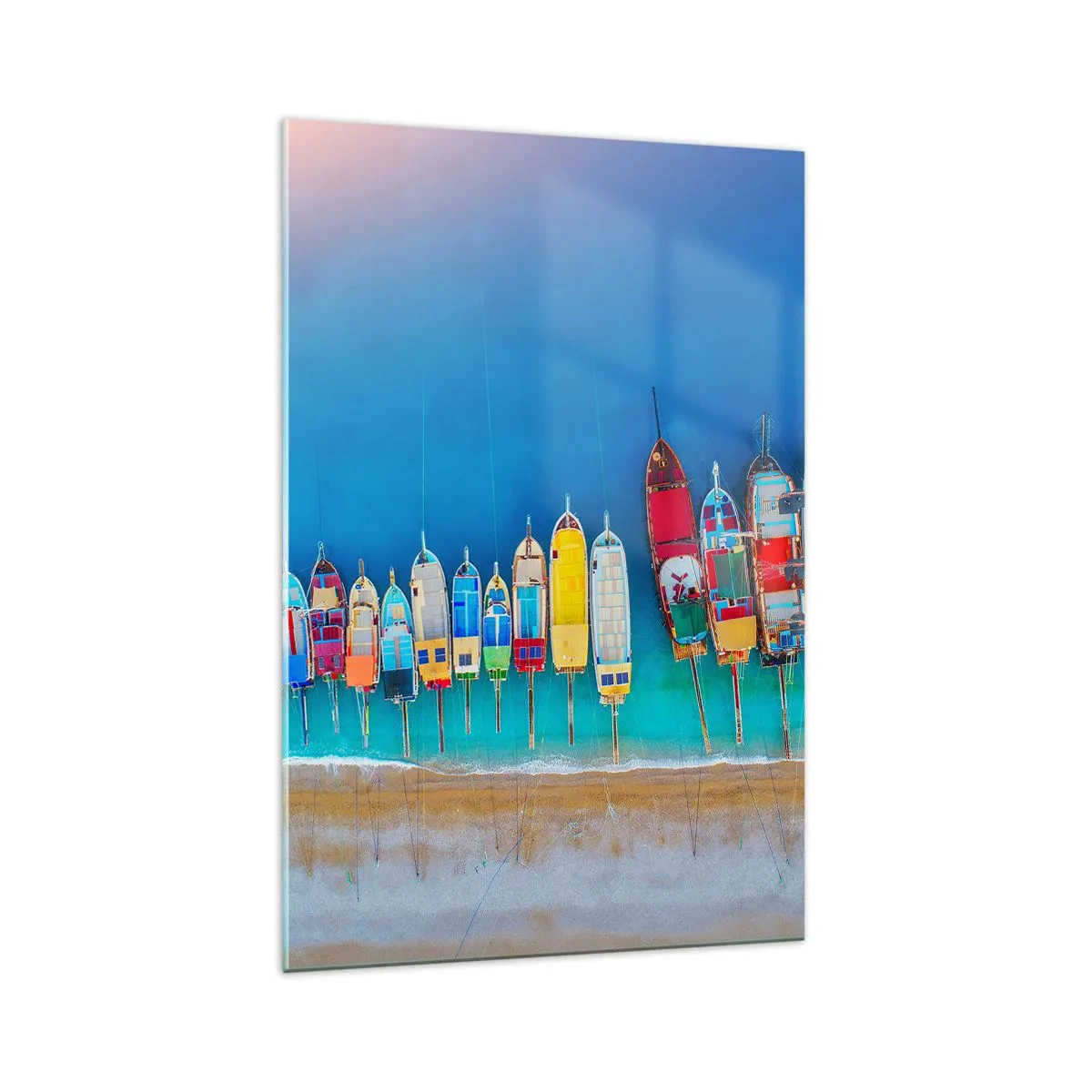 Impression sur verre - Image sur verre - Des bateaux colorés alignés en rangée sur le rivage - 70x100cm - Une vue à vol d'oiseau - Décoration murale moderne pour le salon et la chambre ARTTOR