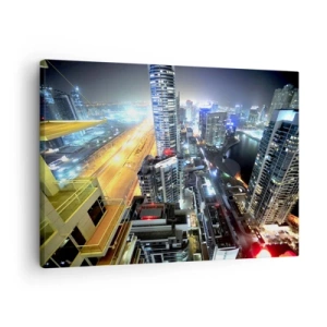 Impression sur toile - Image sur toile - Panorama de la ville nocturne avec des gratte-ciel illuminés - 70x50cm - Un miracle dans le désert - Décoration murale moderne pour le salon et la chambre ARTTOR