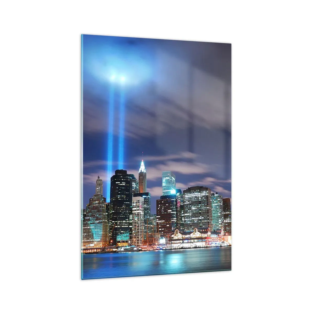 Impression sur verre - Image sur verre - Panorama nocturne de la ville avec deux faisceaux lumineux dans le ciel - 70x100cm - Atteindre le ciel avec la lumière - Décoration murale moderne pour le salon et la chambre ARTTOR