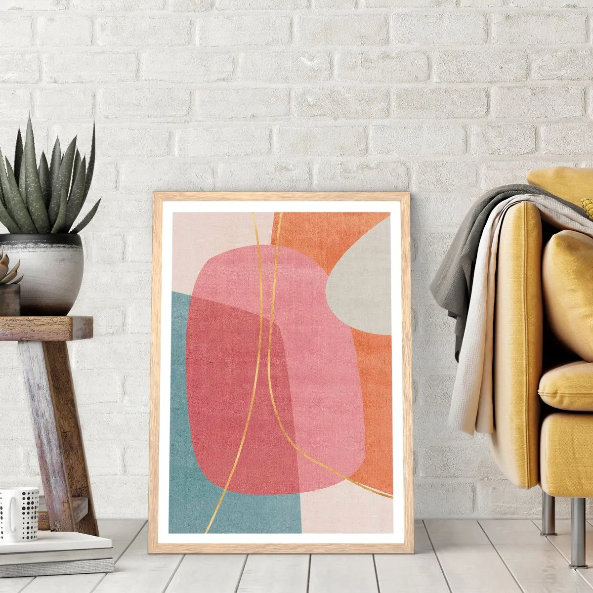 Affiche dans un chêne clair - Poster - Composition pastel au fil d'or - 30x40 cm