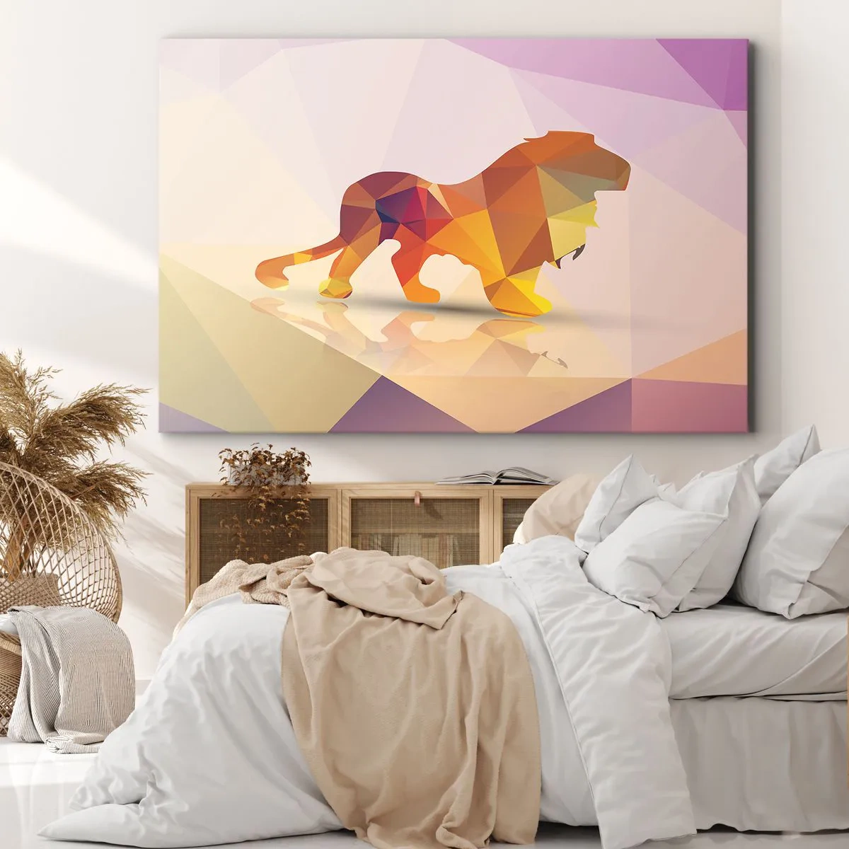 Impression sur toile - Image sur toile - Silhouette géométrique d'un lion dans les tons jaune et orange - 120x80cm - Le roi du diamant - Décoration murale moderne pour le salon et la chambre ARTTOR