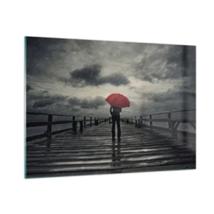 Impression sur verre - Image sur verre - Un homme avec un parapluie rouge sur une jetée en bois sous la pluie. - 100x70cm - Peu importe qu'il pleuve - Décoration murale moderne pour le salon et la chambre ARTTOR