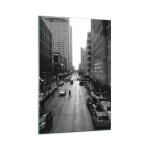 Impression sur verre - Image sur verre - Une rue en noir et blanc au milieu de la ville avec des voitures et des piétons - 80x120cm - Un autre jour comme tous les autres jours - Décoration murale moderne pour le salon et la chambre ARTTOR
