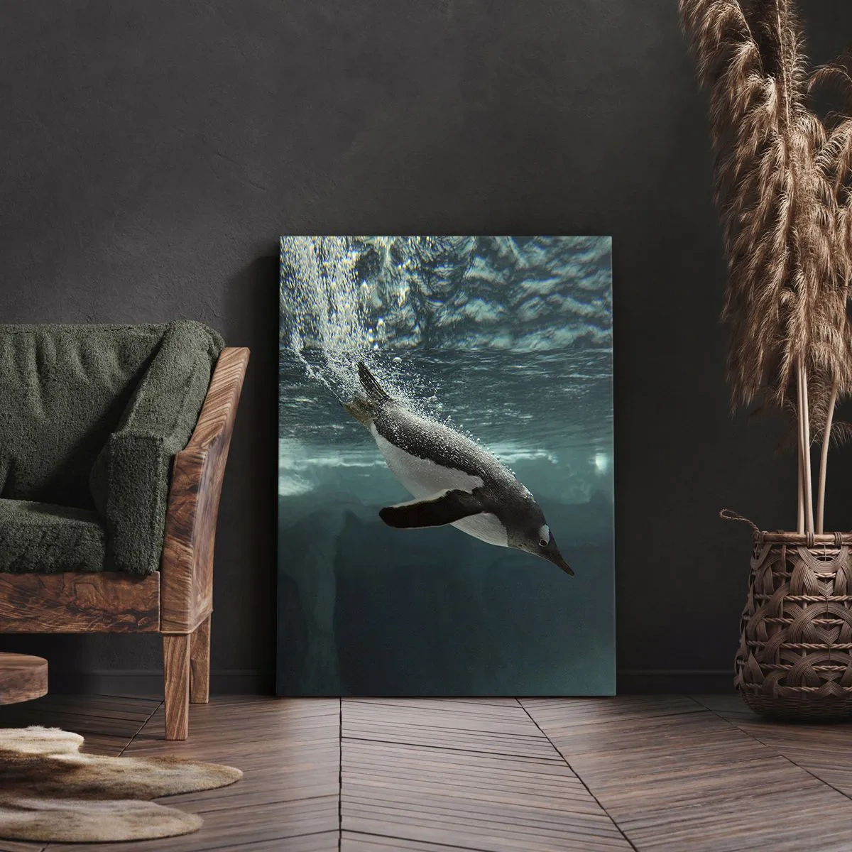 Impression sur toile - Image sur toile - Un pingouin plongeant dans les profondeurs de l'eau glacée - 50x70cm - Bienvenue dans mon monde - Décoration murale moderne pour le salon et la chambre ARTTOR