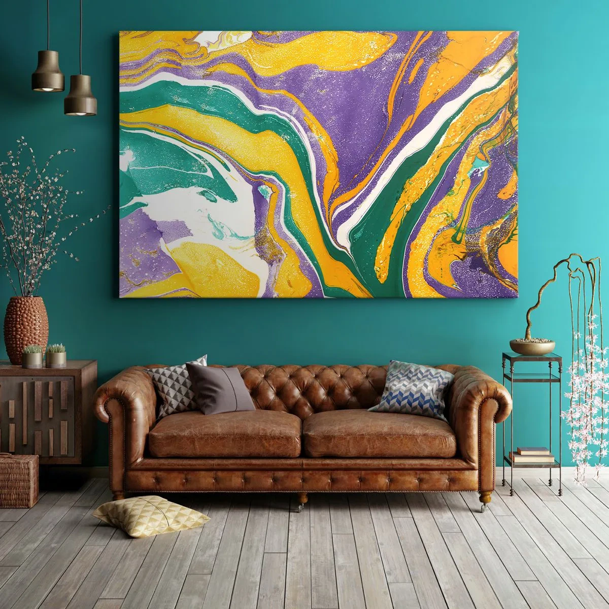 Impression sur toile - Image sur toile - Motif de marbre abstrait aux couleurs vives - 70x50cm - Ondes de couleur - Décoration murale moderne pour le salon et la chambre ARTTOR