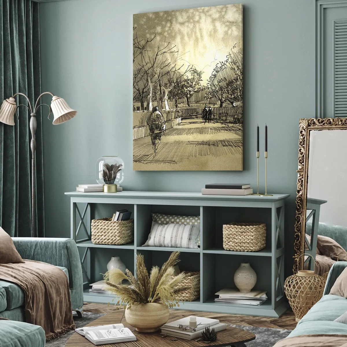 Impression sur toile - Image sur toile - Une scène de dessin animé d'un parc avec des gens marchant dans des tons chauds. - 80x120cm - Un moment arrêté avec une plume - Décoration murale moderne pour le salon et la chambre ARTTOR