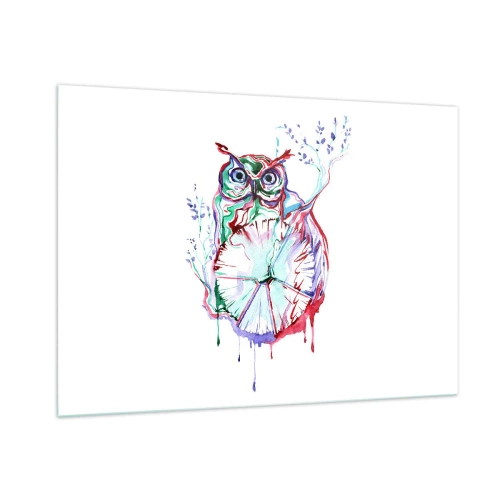 Impression sur verre - Image sur verre - Hibou abstrait dans une composition aquarelle colorée - 100x70cm - Sage par nature - Décoration murale moderne pour le salon et la chambre ARTTOR