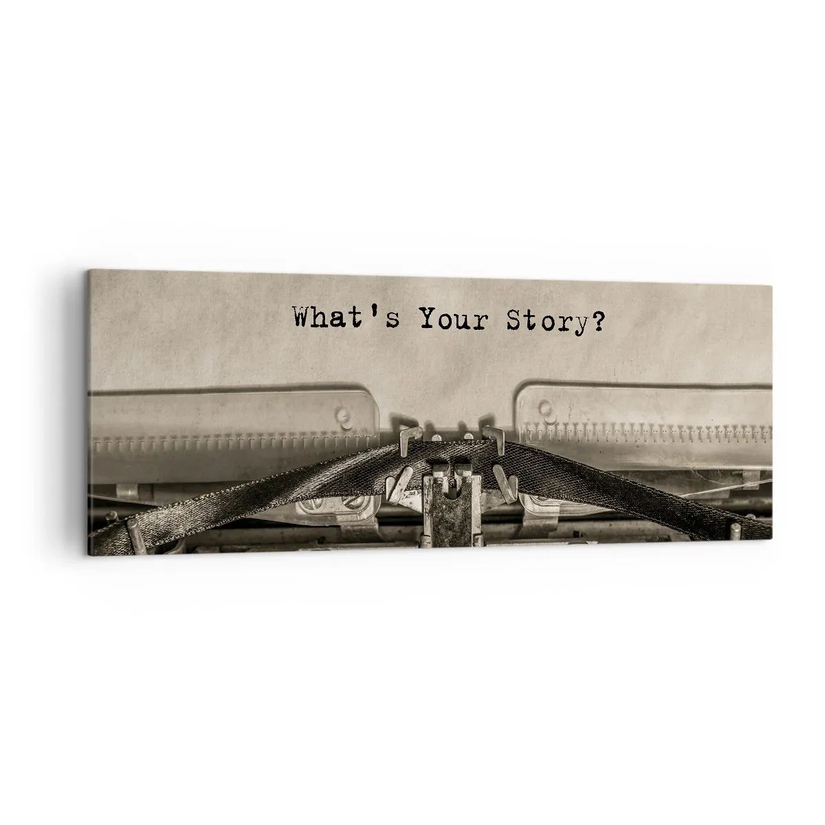Impression sur toile - Image sur toile - Une machine à écrire avec les mots « Quelle est votre histoire ? » - 140x50cm - Réponds-moi - Décoration murale moderne pour le salon et la chambre ARTTOR