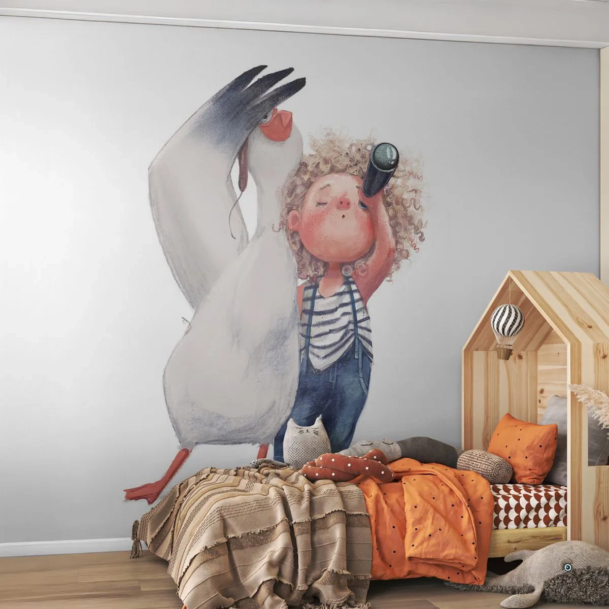 Papier Peint Photo Premium Sand - Adorable illustration d'un enfant avec un télescope et un pélican - 100x70cm - Plan de grand voyage - Décoration murale moderne pour le salon et la chambre ARTTOR