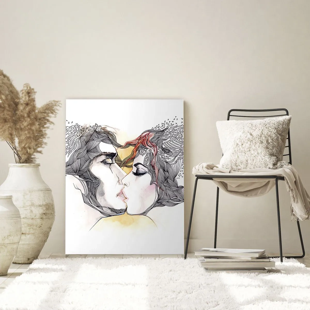 Impression sur verre - Image sur verre - Portrait artistique d'un couple avec des motifs de cheveux abstraits - 70x100cm - Le monde n'existe pas - Décoration murale moderne pour le salon et la chambre ARTTOR