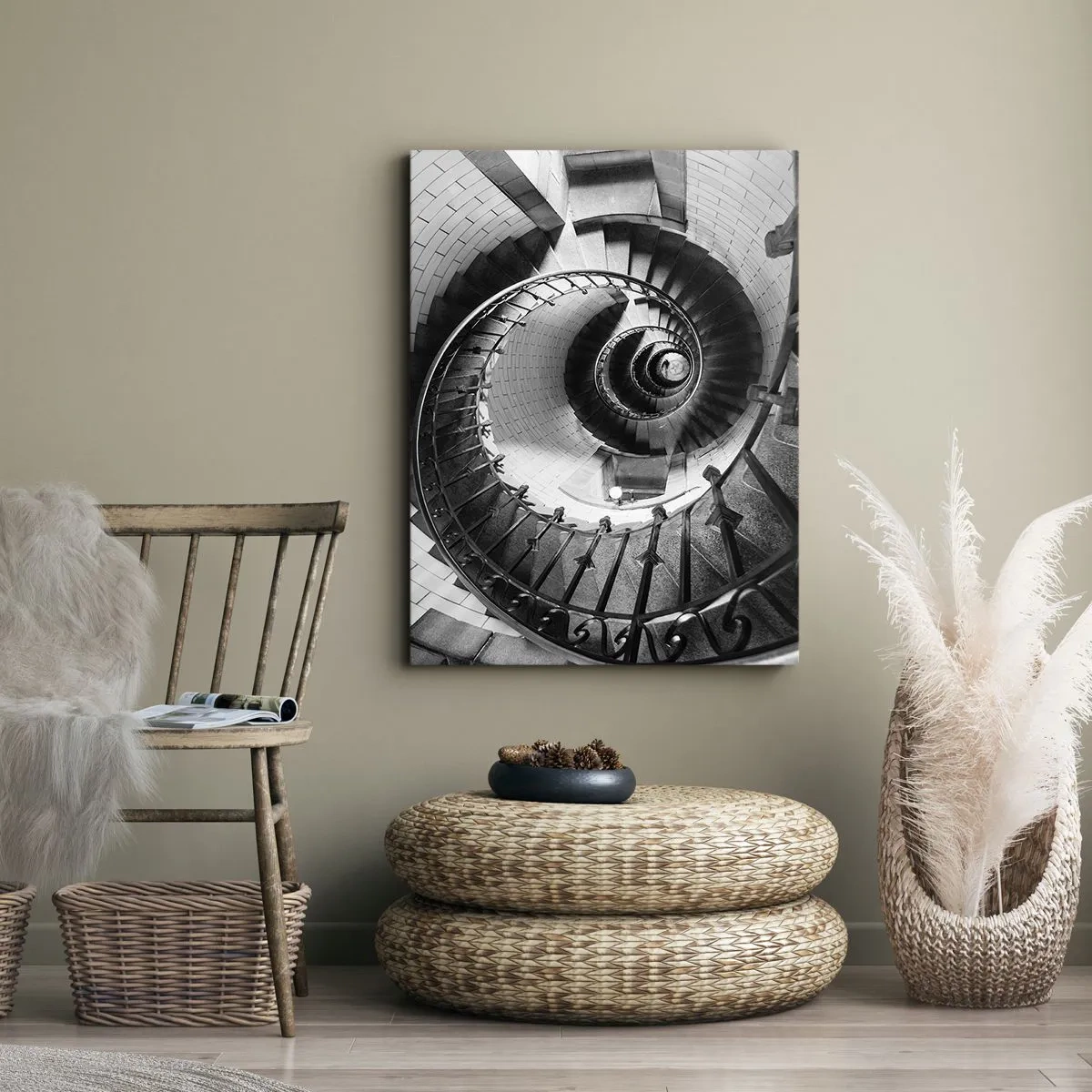 Impression sur toile - Image sur toile - Photographie en noir et blanc d'un escalier en colimaçon avec une perspective de haut en bas - 70x100cm - De plus en plus haut - Décoration murale moderne pour le salon et la chambre ARTTOR