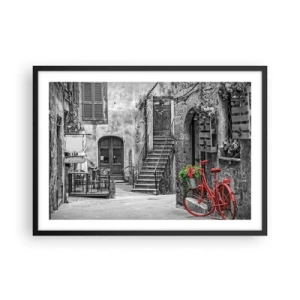 Affiche dans un cadre noir - Poster - Un vélo rouge dans une rue en noir et blanc - 70x50cm - Ruelle toscane - Décoration murale moderne pour le salon et la chambre ARTTOR