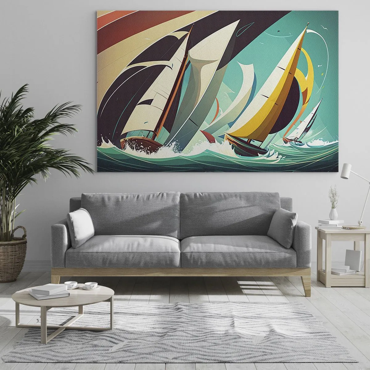 Impression sur verre - Image sur verre - Illustration de style rétro de voiliers dans une mer agitée - 120x80cm - Bonne chance avec les éléments - Décoration murale moderne pour le salon et la chambre ARTTOR