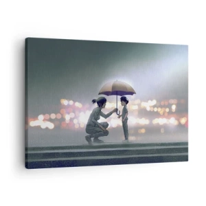 Impression sur toile - Image sur toile - Une silhouette avec un parapluie protégeant un enfant sur fond de lumières nocturnes. - 70x50cm - Et maintenant, tout va bien - Décoration murale moderne pour le salon et la chambre ARTTOR