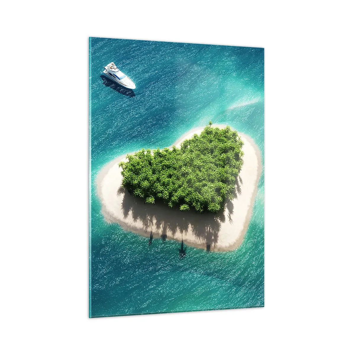 Impression sur verre - Image sur verre - Illustration d'une île en forme de cœur avec un bateau sur une mer turquoise - 50x70cm - J'aime l'été - Décoration murale moderne pour le salon et la chambre ARTTOR