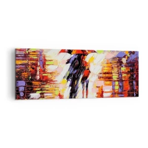 Impression sur toile - Image sur toile - Une scène abstraite d'une promenade sous un parapluie par une nuit pluvieuse. - 140x50cm - Ensemble à travers la nuit et la pluie - Décoration murale moderne pour le salon et la chambre ARTTOR