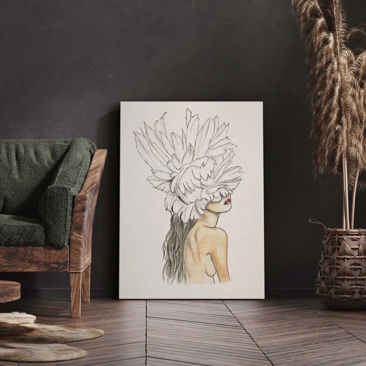 Impression sur toile - Image sur toile - Portrait d'une femme avec décoration de plumes dans un style artistique - 80x120cm - Beauté couronnée - Décoration murale moderne pour le salon et la chambre ARTTOR