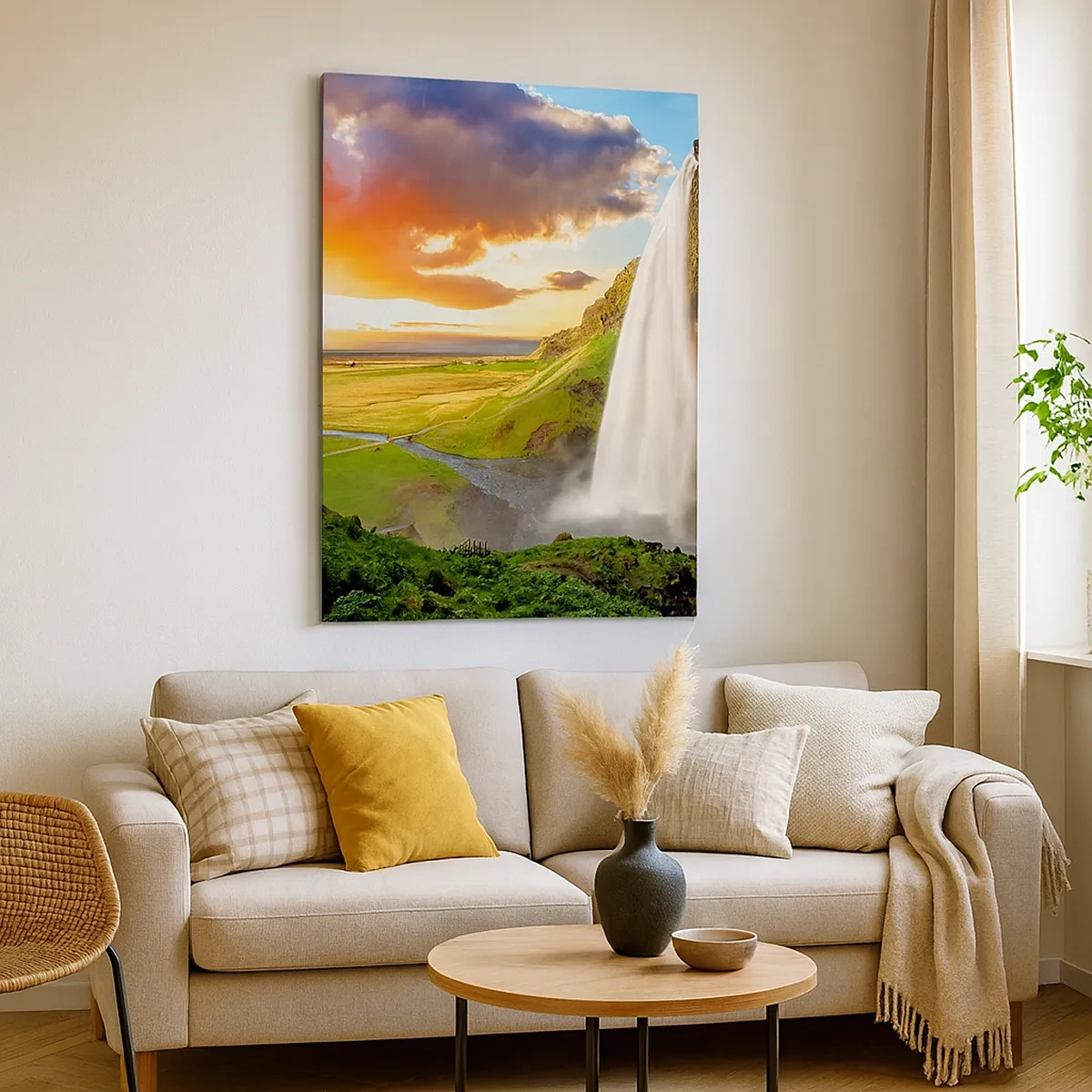 Impression sur toile - Image sur toile - Une cascade dans un paysage pittoresque au coucher du soleil - 50x70cm - La plénitude de l'été islandais - Décoration murale moderne pour le salon et la chambre ARTTOR