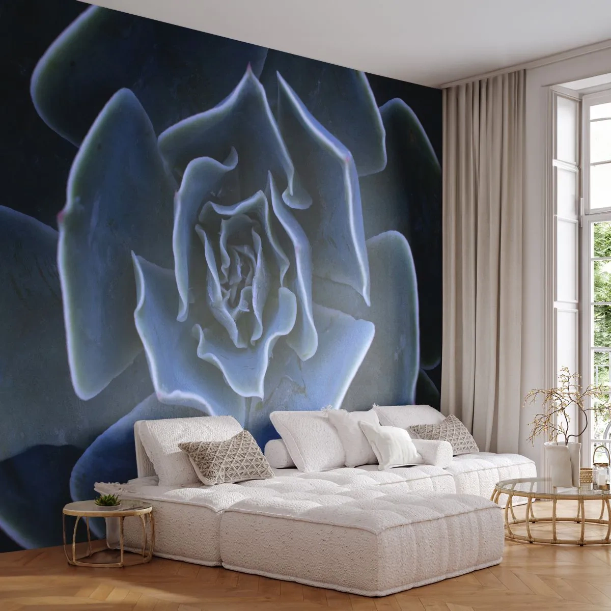 Papier Peint Photo Premium Sand - Gros plan des feuilles d'une succulente aux tons froids - 100x70cm - Fleur du désert - Décoration murale moderne pour le salon et la chambre ARTTOR