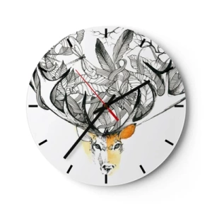 Horloge murale - Pendule murale - Dessin artistique d'un cerf aux bois étalés et aux feuilles - 30x30cm - Corne d'abondance - Décoration murale moderne pour le salon, la cuisine et la chambre ARTTOR